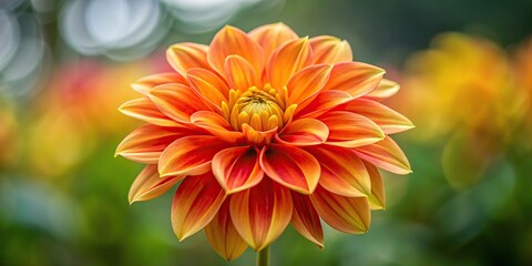 Star ornamental dahlia with yellow petals blushed with red and orange