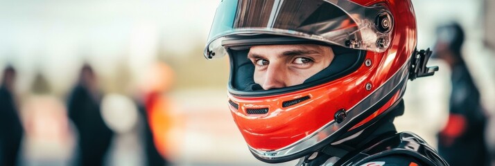 Fototapete - A focused racer wearing a helmet looks intensely ahead, ready to compete in the upcoming race event at the track. Generative AI