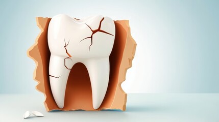 Image of a large, cracked tooth set against a background of broken wall segments, illustrating decay and fragility in an abstract, artistic style.