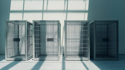 Wall Mural - Animal shelter concept,Four empty metal cages stand in a spacious area,illuminated by natural light. simple design creates a striking contrast with surrounding shadows,copy space