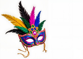 Colorful Mardi Gras mask with gemstones and feathers