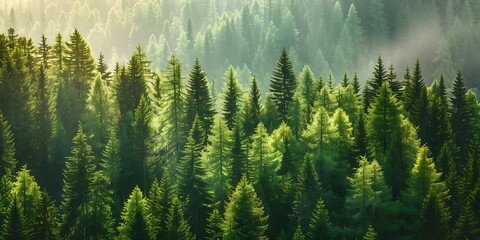 Foggy morning in the coniferous forest. Landscape