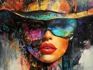 Abstract Portrait of a Woman in a Hat and Sunglasses