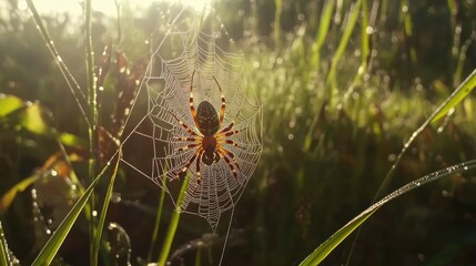 A spider sits in its web in the morning sun.