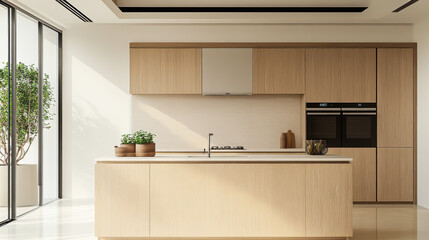 Wall Mural - modern minimalist kitchen and counter with white walls and light wood cabinets