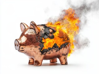 A piggy bank engulfed in flames, symbolizing financial loss or crisis.