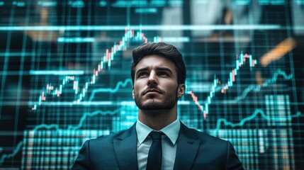 Very realistic photo of a businessman showcasing a rising financial chart with stock market statistics behind him Depicting business growth and corporate success Styled like a high-end lifestyle