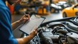 © kitipol - High-resolution photorealistic image of an auto mechanic writing a checklist on a clipboard while inspecting a car engine. The modern car service shop with organized tools and equipment creates a