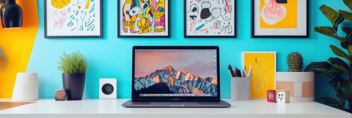 Poster - A well-organized desk displays a laptop surrounded by vibrant wall art, plants, and office supplies, creating an inspiring workspace. Generative AI