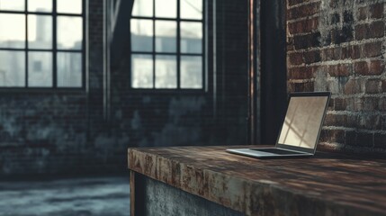 Leinwandbilder - A laptop is placed on a rustic wooden table in an atmospheric room, where sunlight filters through large windows. Generative AI