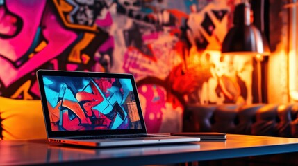 Poster - The laptop showcases colorful graffiti art while ambient light enhances the modern atmosphere of the lively café setting. Generative AI