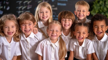 Cheerful Primary School Classmates Hugging in Classroom - Education and Back to School Concept