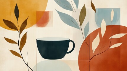 Poster - This artwork showcases intersecting lines that represent tea leaves and cups, blending warm and cool colors for a calming effect. Generative AI