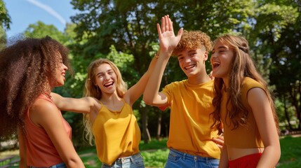 Summer Park Fun: Multiethnic Friends High Five and Laugh Out Loud - Teamwork and Friendship Concept