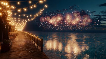 Wall Mural - A coastal boardwalk decorated with strings of lights, overlooking a sparkling ocean filled with reflections of fireworks in the night sky. 