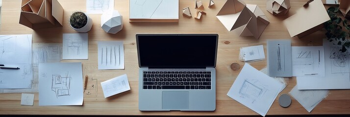 Fototapete - A well-organized workspace features a laptop at the center, surrounded by design sketches, models, and a small plant, promoting creativity. Generative AI