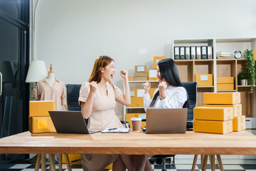 Two young female entrepreneurs work together in warehouse with parcel boxes, wooden tables, and shelves. prepare sales brochures, social media templates, business proposals for small online business.