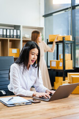 Two young female entrepreneurs work together in warehouse with parcel boxes, wooden tables, and shelves. prepare sales brochures, social media templates, business proposals for small online business.