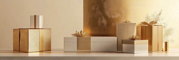 Aufkleber - Elegant geometric gift boxes of various sizes are displayed on a shelf, enhanced by warm lighting and tasteful decorative elements. Generative AI