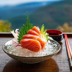 Tuna, salmon, and whitefish sashimi on ice, garnished with shiso and daikon, served with wasabi and soy sauce. A soft view of a Japanese garden in the background.