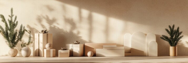 Poster - Various clear geometric shapes styled as gift boxes are displayed on a wooden surface, surrounded by plants and gentle sunlight. Generative AI