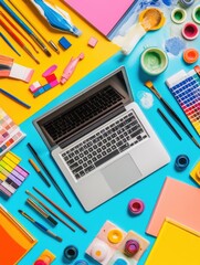 Aufkleber - Brightly colored art supplies and a laptop are spread across a vibrant desk, creating an inviting atmosphere for creative projects. Generative AI