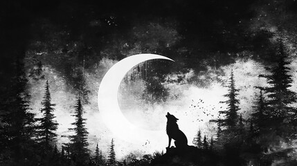 Wall Mural - Silhouetted Wolf Howling at the Crescent Moon in a Grunge Forest