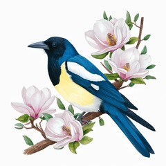 Illustration of magpie with magnolia flowers