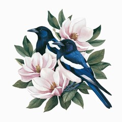 Illustration of magpies with flowers