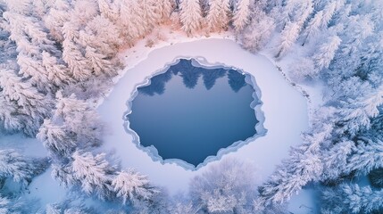 Wall Mural - A frozen lake nestled within a snowy forest. The trees around the lake are covered in a soft layer of snow, and the surface of the lake is a perfect mirror.