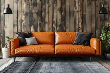 Wall Mural - Interior living room wall mockup with leather sofa and decor on wooden wall background