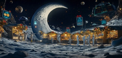 Wall Mural - A large crescent moon-shaped Christmas market on the moon, filled with floating booths selling futuristic holiday treats. 