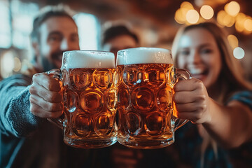 Close up of A group of friends in traditional Bavarian costumes clinking beer mugs at Oktoberfest.