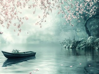 Wall Mural - Misty Lake with Cherry Blossoms and a Boat