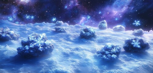 Wall Mural - A magical, icy field of asteroids floating through the Snowflake Galaxy, each asteroid resembling a giant snowflake. 