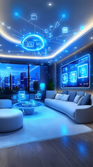 Futuristic smart home living room with glowing blue interface and connected devices.