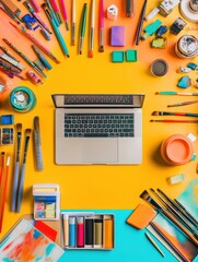 Poster - A vibrant workspace showcases a laptop at the center, surrounded by an array of colorful art supplies and tools on a bright yellow surface. Generative AI