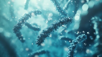 Poster - Vibrant blue microorganisms are swimming in a sparkling, underwater realm filled with bubbles and light reflections. Generative AI