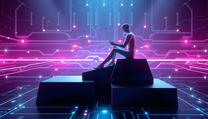 Wall Mural - 3d rendering of human on geometric element technology background isolated with white highlights, png