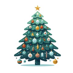 Flat, isolated illustration of a festive Christmas tree adorned with colorful ornaments, lights, and a shining star on top. The tree has a classic triangular shape and vibrant green branches. 