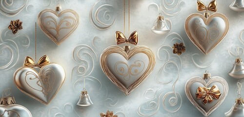 A whimsical Christmas pattern showcasing heart-shaped and bell-shaped ornaments, decorated with swirling gold designs, bows, and tiny holly leaves. 