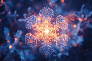 Leinwandbilder - Delicate snowflakes glow with icy hues and intricate patterns, capturing the enchanting beauty of winter's chill in soft light. Generative AI