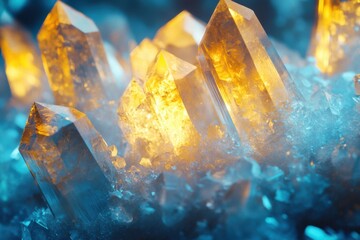 Fototapete - Icy crystals emit a warm glow, reflecting light in intricate patterns against a rich blue backdrop, creating an enchanting atmosphere. Generative AI