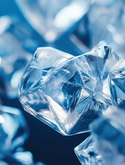 Poster - Glowing geometric icy crystals reflect light beautifully against a tranquil blue background, creating an abstract winter wonderland. Generative AI
