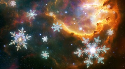 Wall Mural - an ethereal view of the snowflake galaxy, where each snowflake-shaped star glows brightly within a s