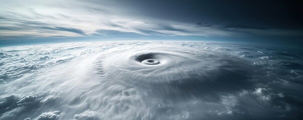 Aerial view of a massive hurricane swirling over the ocean.