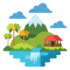 Mountains and islands with huts, tropical trees, volcanoes, and waterfall vector illustrations isolated on a white background