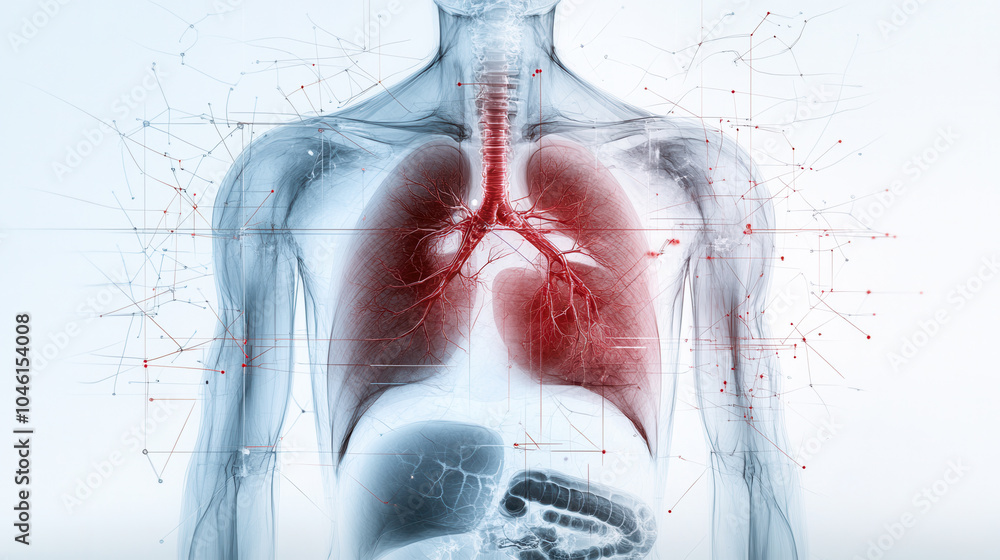 X ray of chest anatomy showing detailed lung structure and blood ...
