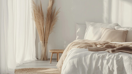 Wall Mural - Declutter home concept,serene bedroom showcases a neatly made bed alongside soft textiles,with sunlight streaming through sheer curtains and decorative dried plants,copy space