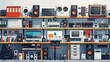 © dar - A cluttered workstation with various electronics, including a desktop computer, speakers, and a television set.